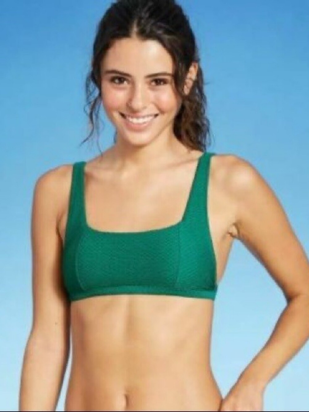 SHADE & SHORE Textured Square Neck Bralette Teal Green Bikini Top Medium
